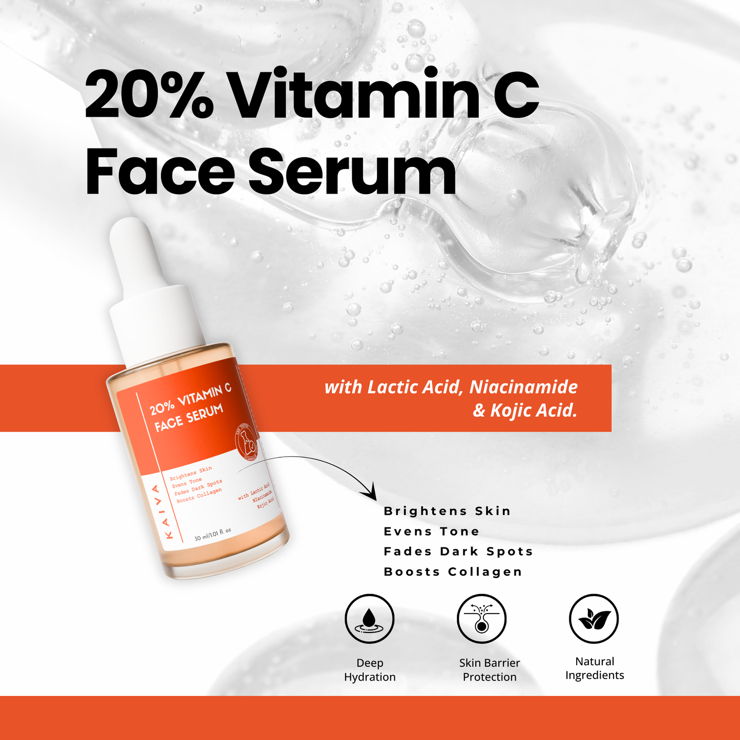 20% Vitamin C Face Serum | Skin Brightening with Niacinamide, Lactic acid & Kojic acid | 30 ml