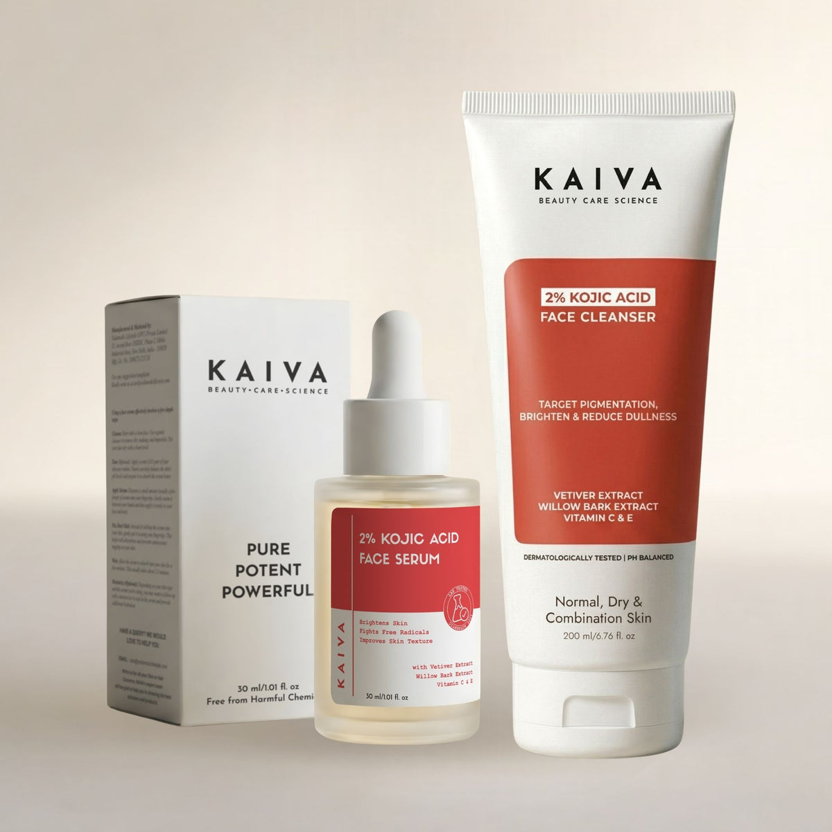 KAIVA 2% Kojic Acid Face Wash & 2% Kojic Acid Face Serum Combo