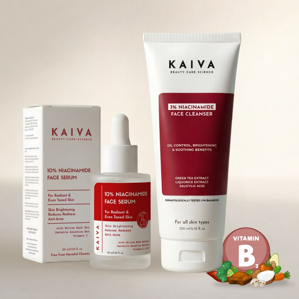 KAIVA 3% Niacinamide Face Cleanser & 10% Niacinamide Face Serum Combo