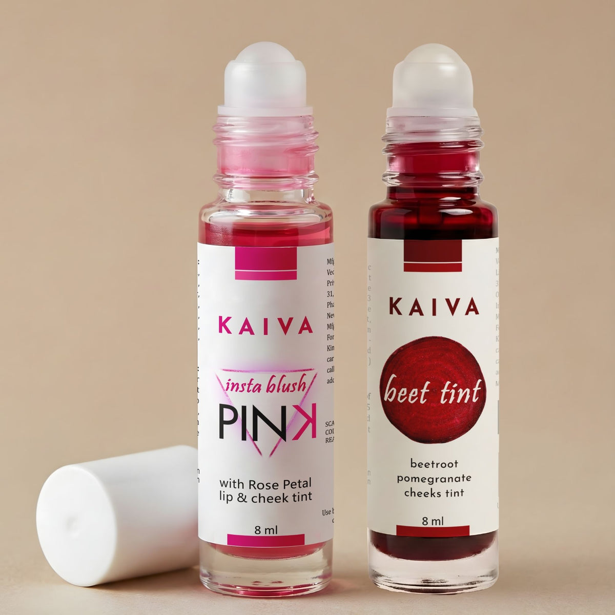 KAIVA Beetroot Roll-on Tint + Rose Pink Roll-on Tint | Water Based Cheeks Tint, Natural and Organic - 8 ml (Pack of 2)
