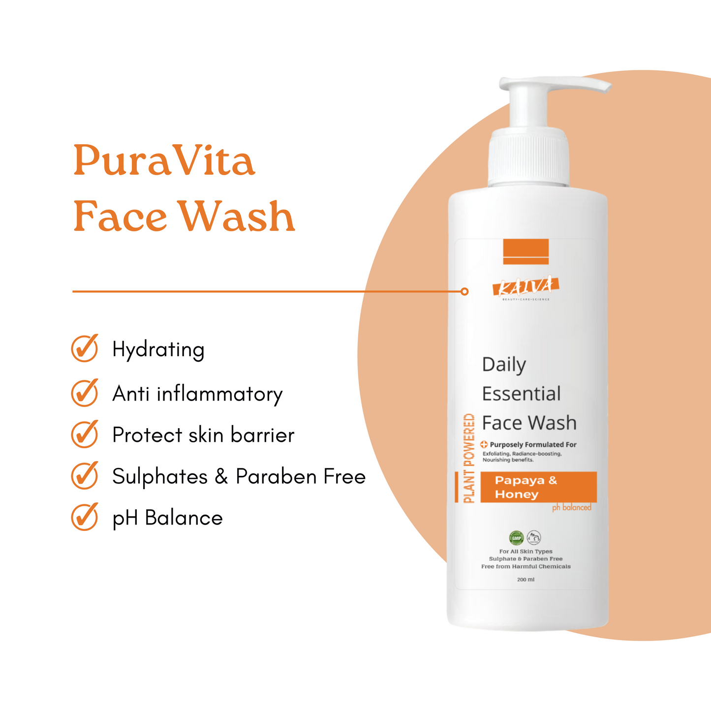 PuraVita Papaya & Honey Face Wash – For Women & Men | Sulphates & Paraben Free – 200 ml