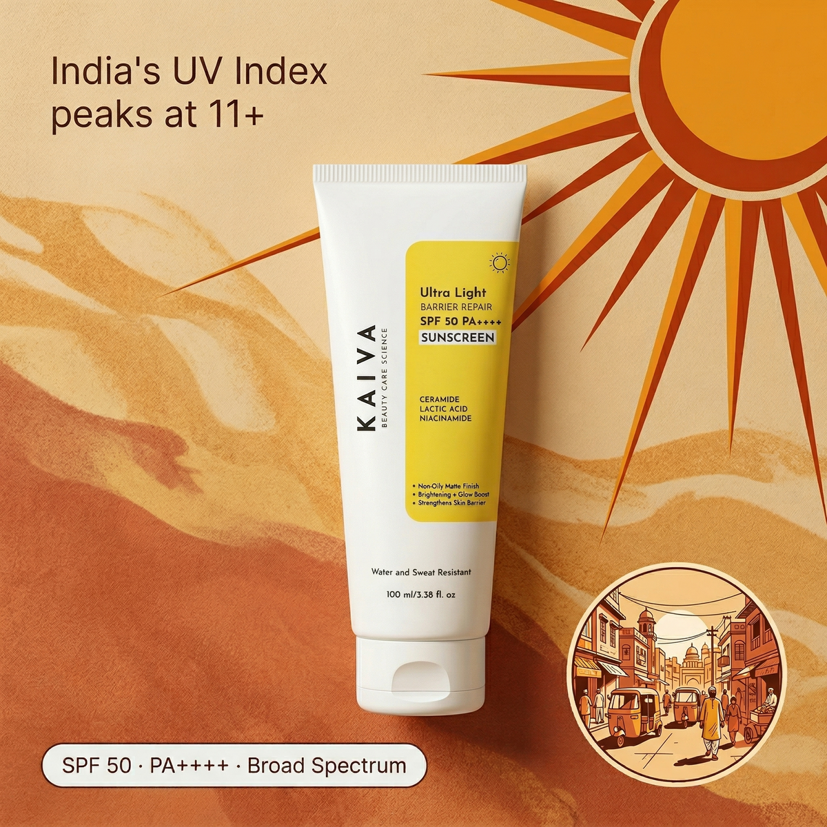 KAIVA KAIVA SPF50 PA++++ Ultra Light Sunscreen for Face | With Ceramide, Niacinamide, Lactic Acid