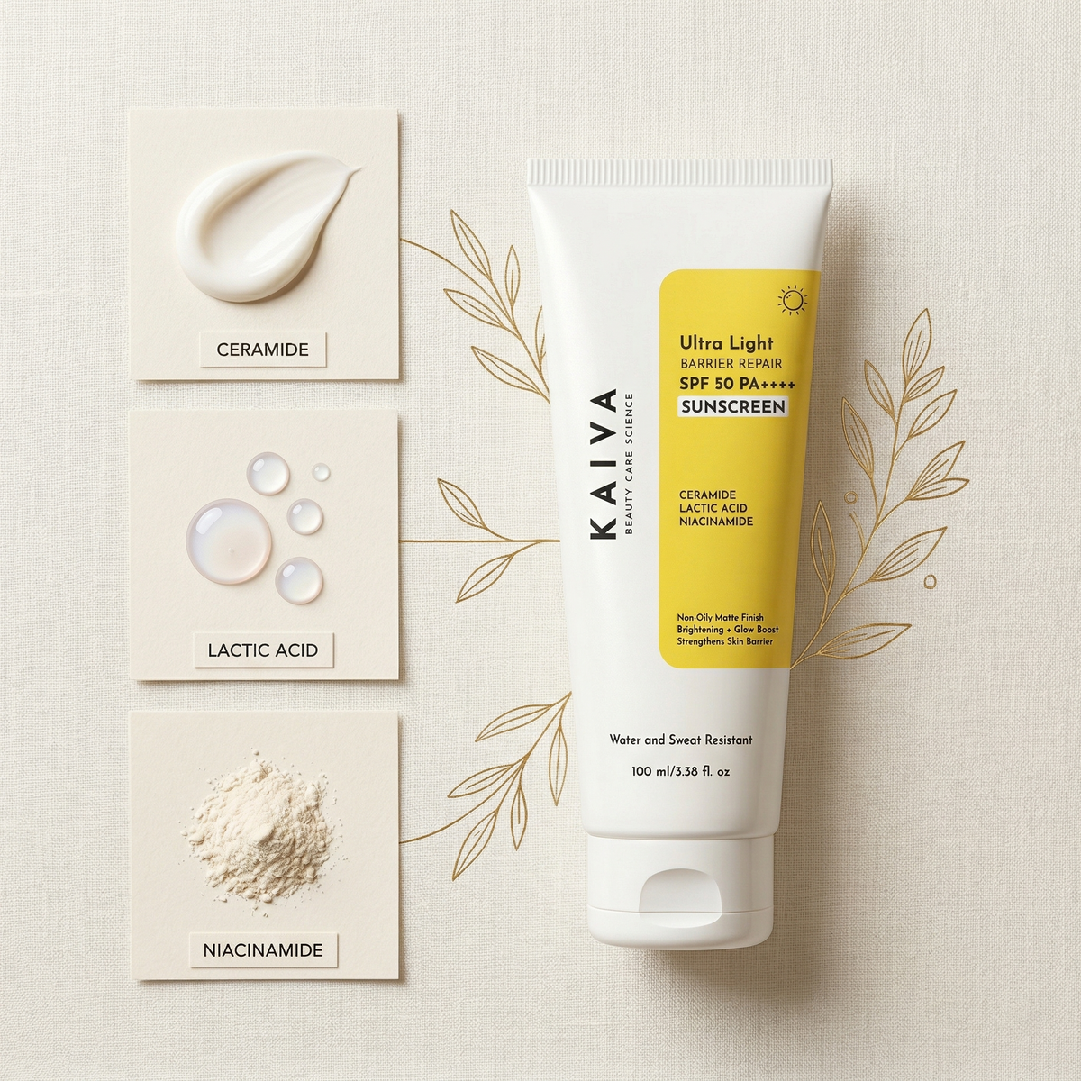 KAIVA KAIVA SPF50 PA++++ Ultra Light Sunscreen for Face | With Ceramide, Niacinamide, Lactic Acid