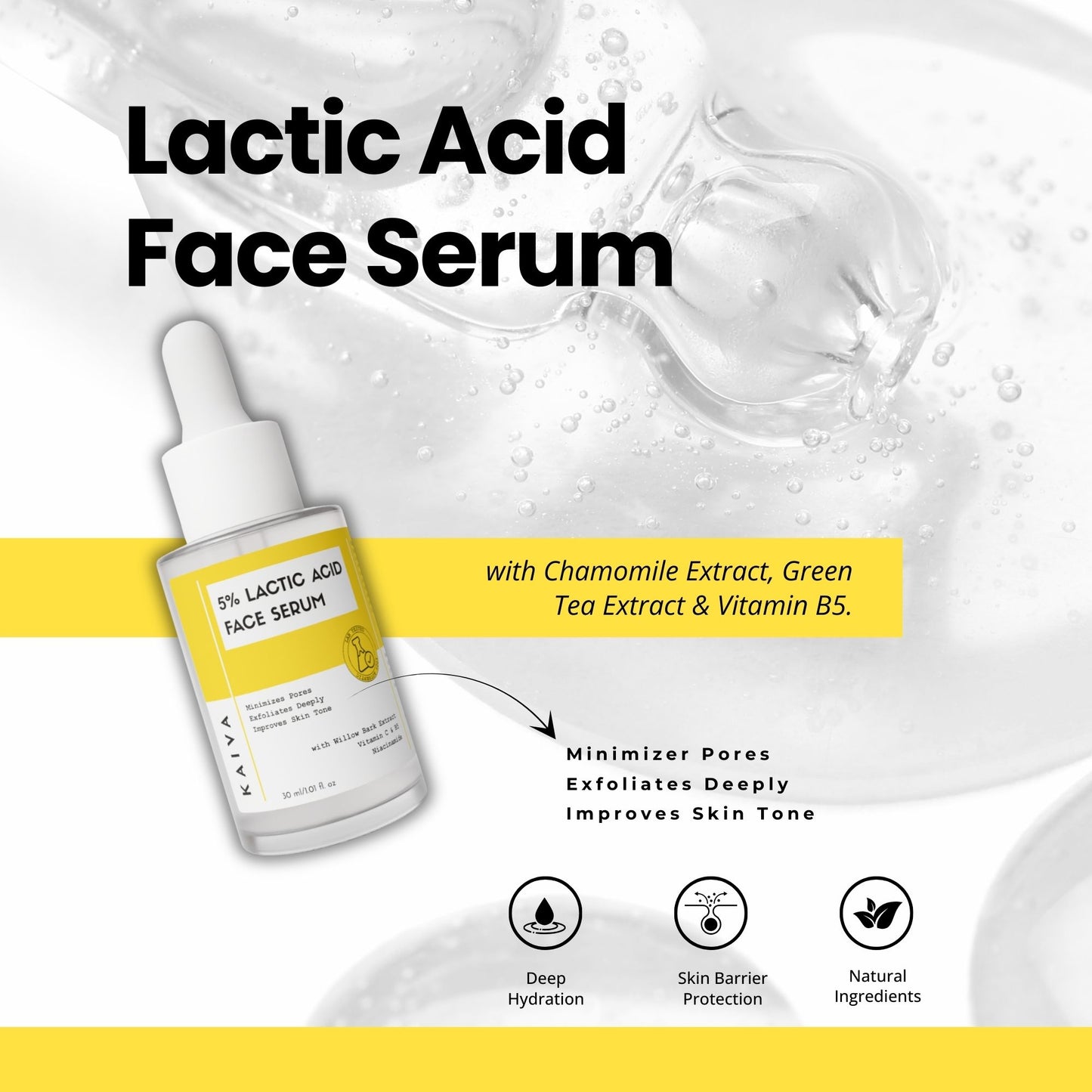 5% Lactic Acid Face Serum | AHA Exfoliant with Hyaluronic Acid | 30 ml